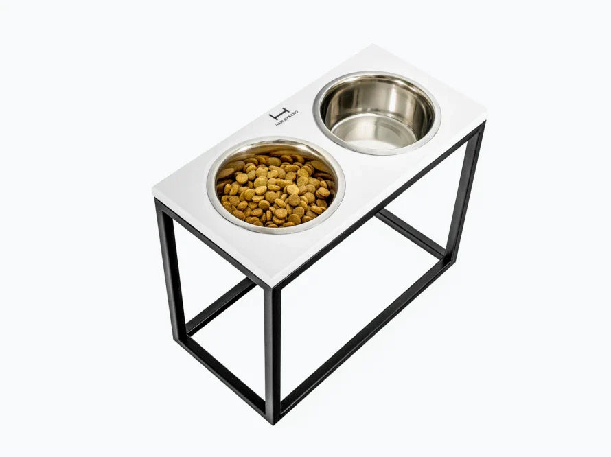 DINNER Hundenapf / Holz Napfständer mit zwei Edelstahlnäpfen für große und riesige Hunde / schwarzer Metallrahmen HARLEY & CHO