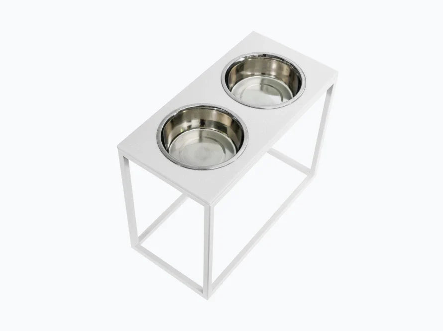 DINNER Hundenapf / Kunststein Napfständer mit zwei Edelstahlnäpfen für große und riesige Hunde / weißer Metallrahmen HARLEY & CHO