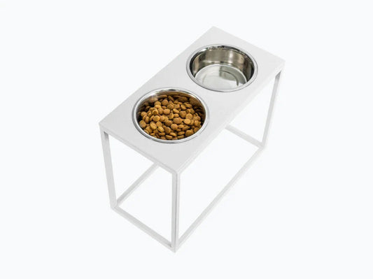 DINNER Hundenapf / Kunststein Napfständer mit zwei Edelstahlnäpfen für große und riesige Hunde / weißer Metallrahmen HARLEY & CHO