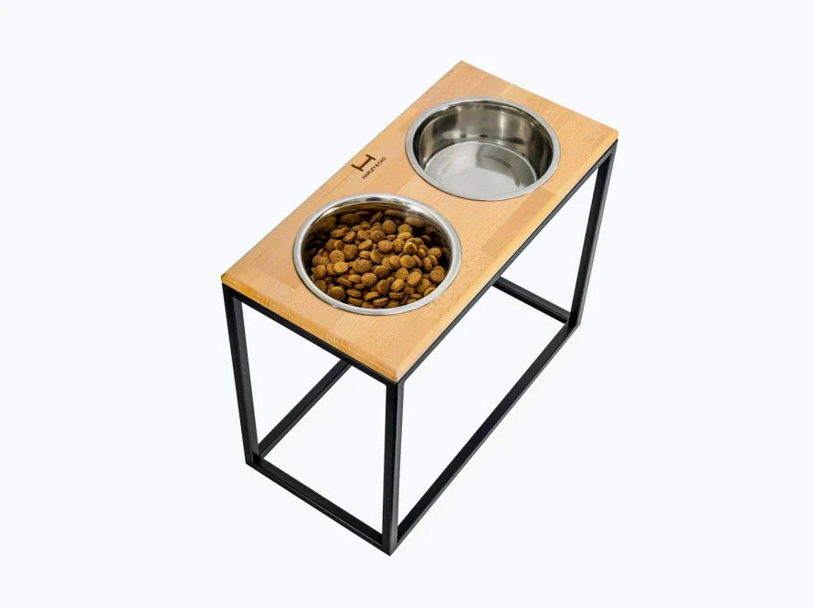 DINNER Hundenapf / Holz Napfständer mit zwei Edelstahlnäpfen für große und riesige Hunde / schwarzer Metallrahmen HARLEY & CHO
