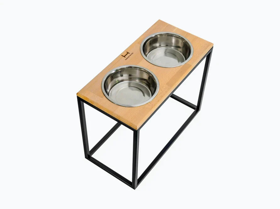 DINNER Hundenapf / Holz Napfständer mit zwei Edelstahlnäpfen für große und riesige Hunde / schwarzer Metallrahmen HARLEY & CHO