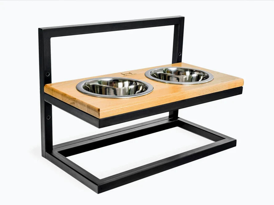Höhenverstellbaren Hundenapf LIFT / Holz Napfständer mit zwei Edelstahlnäpfen für Hunde / schwarzer Metallrahmen HARLEY & CHO