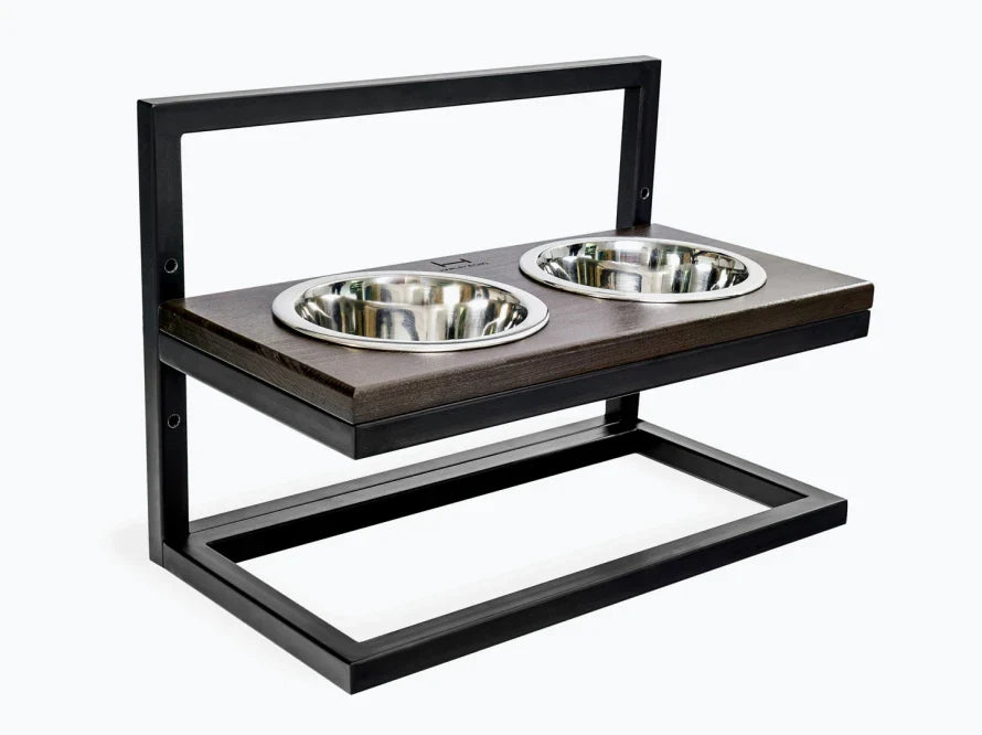 Höhenverstellbaren Hundenapf LIFT / Holz Napfständer mit zwei Edelstahlnäpfen für Hunde / schwarzer Metallrahmen HARLEY & CHO