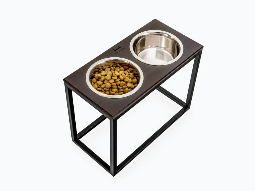 DINNER Hundenapf / Holz Napfständer mit zwei Edelstahlnäpfen für große und riesige Hunde / schwarzer Metallrahmen HARLEY & CHO