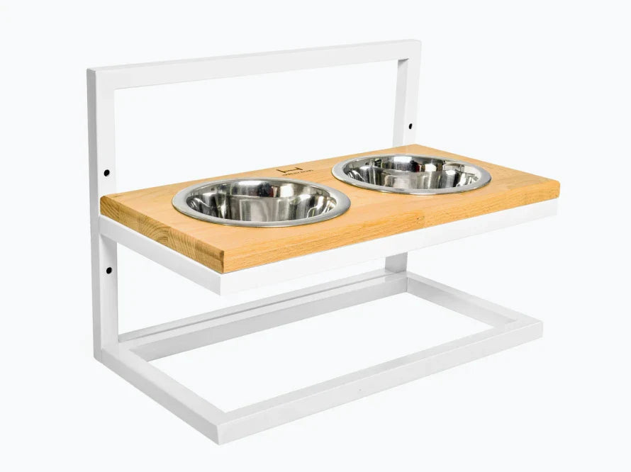 Höhenverstellbaren Hundenapf LIFT / Holz Napfständer mit zwei Edelstahlnäpfen für Hunde / weißer Metallrahmen HARLEY & CHO