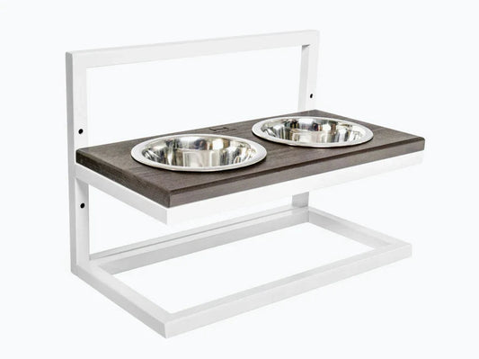 Höhenverstellbaren Hundenapf LIFT / Holz Napfständer mit zwei Edelstahlnäpfen für Hunde / weißer Metallrahmen HARLEY & CHO