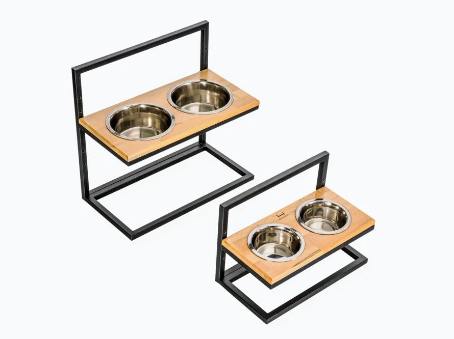 Höhenverstellbaren Hundenapf LIFT / Holz Napfständer mit zwei Edelstahlnäpfen für Hunde / schwarzer Metallrahmen HARLEY & CHO