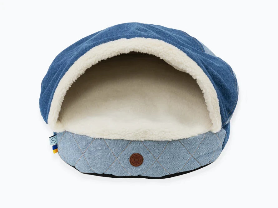 COVER Hippie Hundehöhle aus Kunstfell und Denim / orthöpedisches Hundebett / Memory Foam / Handgefertigt HARLEY & CHO